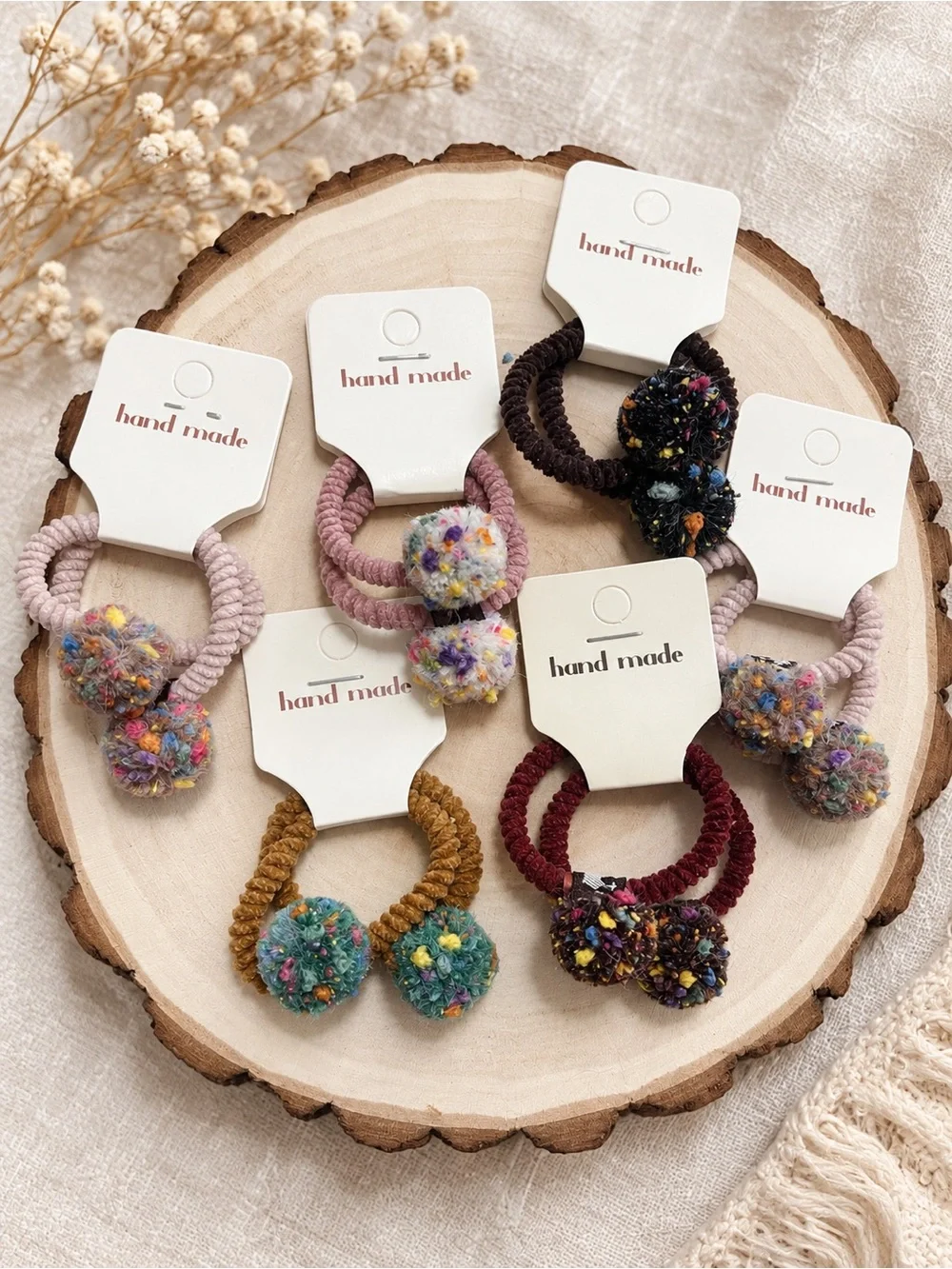 Handmade Girls Pom-Pom Ponytail Hair Tie Set – Choose Color